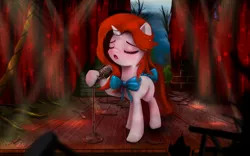 Size: 6160x3850 | Tagged: safe, artist:darksly, derpibooru import, oc, unofficial characters only, pony, unicorn, fallout equestria, apocalypse, bow, detailed background, eyes closed, female, mare, microphone, singing, solo, stage, tail bow