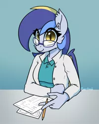 Size: 1504x1884 | Tagged: safe, artist:puetsua, derpibooru import, oc, oc:eclipse lim, unofficial characters only, anthro, bat pony, anthro oc, bat pony oc, bat wings, clothes, ear fluff, female, glasses, gradient background, lab coat, looking at you, mare, paper, pencil, slit eyes, slit pupils, smiling, solo, wings