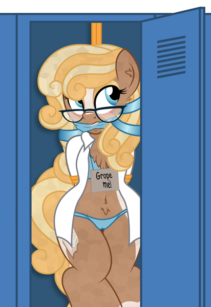 Size: 1925x2801 | Tagged: questionable, artist:digiqrow, deleted from derpibooru, derpibooru import, oc, oc:diafana, unofficial characters only, crystal pony, pony, semi-anthro, arm behind back, belly button, blue underwear, blushing, bondage, bra, bra on pony, cameltoe, chest fluff, clothes, female, glasses, lockers, mare, open clothes, open shirt, panties, pubic fluff, sign, solo, solo female, underwear