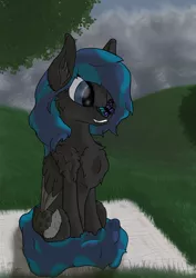 Size: 3508x4960 | Tagged: safe, artist:littlepony115, derpibooru import, oc, oc:solar eclipse, pegasus, pony, cheek fluff, chest fluff, female, grass, grass field, leaves, leg fluff, mare, mountain, mountain range, picnic, picnic blanket, smiling, solo, tree