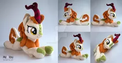 Size: 1600x830 | Tagged: artist:meplushyou, autumn blaze, cloven hooves, derpibooru import, deviantart watermark, female, irl, kirin, obtrusive watermark, photo, plushie, prone, safe, smiling, solo, sounds of silence, watermark