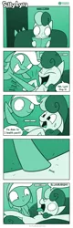 Size: 726x2259 | Tagged: safe, artist:dori-to, derpibooru import, bon bon, lyra heartstrings, sweetie drops, earth pony, pony, unicorn, comic:silly lyra, adorabon, book, comic, cute, dialogue, health bars, lyrabetes, monochrome, playing, playing dead, reading, silly, speech bubble, sweat, sweatdrop