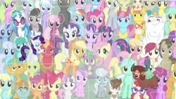 Size: 1920x1080 | Tagged: safe, derpibooru import, screencap, aloe, amethyst star, apple bloom, applejack, berry punch, berryshine, big macintosh, bon bon, bulk biceps, carrot cake, carrot top, cheerilee, cloudchaser, cup cake, daisy, derpy hooves, diamond tiara, doctor whooves, flitter, flower wishes, fluttershy, golden harvest, granny smith, lemon hearts, lily, lily valley, linky, lotus blossom, lyra heartstrings, mayor mare, minuette, octavia melody, pinkie pie, pipsqueak, pound cake, pumpkin cake, rainbow dash, rarity, roseluck, sassaflash, scootaloo, shoeshine, silver spoon, snails, snips, spike, spring melody, sprinkle medley, starlight glimmer, sunshower raindrops, sweetie belle, sweetie drops, thunderlane, time turner, twilight sparkle, twilight sparkle (alicorn), twist, vinyl scratch, yona, alicorn, earth pony, pony, she's all yak, the cutie re-mark, colt, everypony at s5's finale, fit right in, male, puzzle, s5 starlight