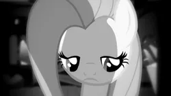 Size: 1191x670 | Tagged: safe, derpibooru import, edit, edited screencap, editor:undeadponysoldier, screencap, fluttershy, pegasus, pony, putting your hoof down, black and white, depressed, female, fluttershy's cottage, grayscale, looking down, mare, monochrome, poor fluttershy, sad, shading, solo