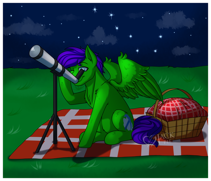 Size: 3600x3100 | Tagged: safe, artist:jack-pie, derpibooru import, oc, oc:raulix evergreen, unofficial characters only, pegasus, pony, basket, male, night, picnic basket, picnic blanket, solo, stallion, telescope