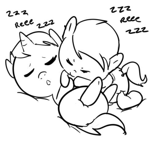 Size: 512x512 | Tagged: safe, artist:lazynore, derpibooru import, oc, oc:anonfilly, unofficial characters only, earth pony, pony, unicorn, baby, baby pony, diaper, eyes closed, female, filly, lineart, onomatopoeia, reeee, sleeping, snuggling, sound effects, zzz