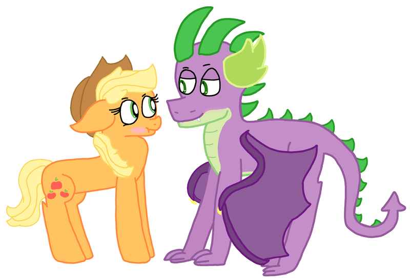 Size: 1996x1355 | Tagged: safe, artist:snoopy7c7, derpibooru import, applejack, spike, dragon, pony, applespike, bedroom eyes, blushing, female, floppy ears, looking at each other, male, older, older spike, quadrupedal spike, shipping, simple background, story in the source, straight, tsunjack, white background, winged spike