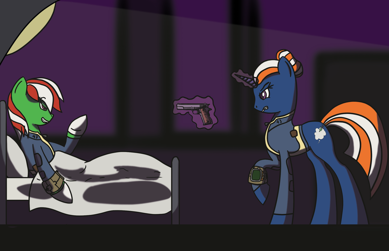 Size: 2448x1584 | Tagged: semi-grimdark, artist:saxguy_umizee, derpibooru import, oc, oc:shadow window, oc:wandering sunrise, earth pony, pony, unicorn, fallout equestria, fallout equestria: dead tree, adult, bed, blue, bun hairstyle, colt 45, confrontation, dark, daughter, fallout, fallout equestria:dead tree, female, foe, food, green, gun, gunpoint, handgun, hospital, hostage, lighting, magic, mare, mother, mother and child, mother and daughter, orange, pipbuck, pistol, red, shadow window, shadows, sheet, stable, stable 43, stable-tec, story: fallout: equestria - dead tree, stripes, telekinesis, wandering sunrise, wasteland, weapon, white, yellow