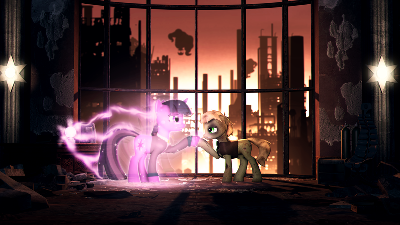 Size: 3840x2160 | Tagged: safe, artist:wintergleam, deleted from derpibooru, derpibooru import, twilight sparkle, oc, oc:murky, pegasus, pony, unicorn, fallout equestria, fallout equestria: murky number seven, fanfic, 3d, bruised, city, clothes, duo, fanfic art, female, fillydelphia, hidden wings, hologram, magic, male, mare, ministry mares, ministry of arcane sciences, pinkie pie balloons, scar, source filmmaker, stallion, sunset, unicorn twilight, wings