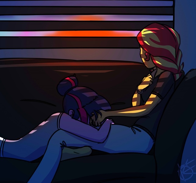 Size: 1061x990 | Tagged: safe, artist:overkenzie, derpibooru import, sci-twi, sunset shimmer, twilight sparkle, equestria girls, clothes, couch, cute, female, lesbian, pajamas, scitwishimmer, shipping, sleeping, sunset, sunsetsparkle, window