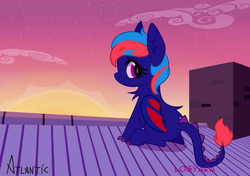 Size: 2651x1868 | Tagged: safe, artist:losyara, derpibooru import, oc, oc:centreus feathers, unofficial characters only, dracony, dragon, hybrid, pony, chimney, cloud, commission, cute, female, mare, rooftop, sitting, solo, sunset, ych result