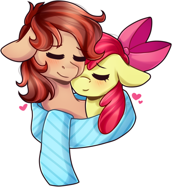 Size: 1580x1721 | Tagged: safe, artist:grapegrass, derpibooru import, apple bloom, oc, oc:cottonwood kindle, earth pony, pony, canon x oc, clothes, commission, eyes closed, female, heart, male, mare, scarf, shared clothing, shared scarf, simple background, snuggling, stallion, transparent background, ych result