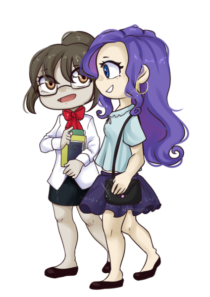 Size: 1280x1811 | Tagged: artist:alexa1alexa, beautiful, book, boutique, bowtie, chibi, clothes, commission, cute, derpibooru import, duo, fashion, full body, giant head, glasses, hair bun, human, humanized, legs, office, pantyhose, purse, rarity, raven, safe, shoes, simple background, skirt, talking, transparent background