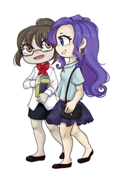 Size: 1280x1811 | Tagged: artist:alexa1alexa, beautiful, book, boutique, bowtie, chibi, clothes, commission, cute, derpibooru import, duo, fashion, full body, giant head, glasses, hair bun, human, humanized, legs, office, pantyhose, purse, rarity, raven, safe, shoes, simple background, skirt, talking, transparent background