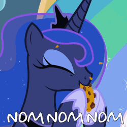 Size: 750x750 | Tagged: safe, derpibooru import, edit, edited edit, edited screencap, editor:lolledits, screencap, princess celestia, princess luna, alicorn, pony, the beginning of the end, animated, caption, cookie, cookie crumbs, cute, daaaaaaaaaaaw, eating, eyes closed, female, food, hnnng, hoof hold, hoof shoes, lunabetes, mare, nom, offscreen character, silly, silly pony, solo focus