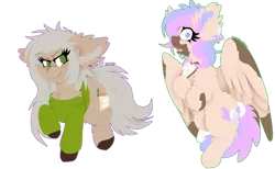 Size: 1024x632 | Tagged: safe, artist:vanillaswirl6, derpibooru import, oc, oc:dee, oc:silver slate, unofficial characters only, earth pony, pegasus, pony, amputee, bandage, clothes, colored hooves, ear piercing, hair accessory, markings, piercing, simple background, surprised, sweater, transparent background