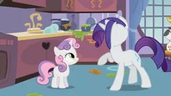 Size: 500x281 | Tagged: safe, derpibooru import, screencap, hondo flanks, rarity, sweetie belle, pony, unicorn, sisterhooves social, animation error, cabinet, curtains, female, filly, foal, frying pan, great moments in animation, heart, kitchen, male, mare, mess, no face, oven, plate, pot, raised hoof, sink, stallion, wat, what is anatomy, window
