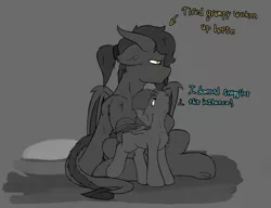 Size: 1509x1157 | Tagged: safe, artist:scarrly, derpibooru import, oc, oc:scarrly, oc:whiskey dreams, bat pony, incubus, pony, succubus, bed, dialogue, monochrome, size difference