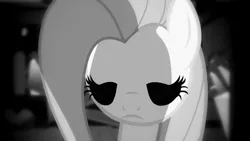 Size: 1191x670 | Tagged: semi-grimdark, derpibooru import, edit, edited screencap, editor:undeadponysoldier, screencap, fluttershy, pegasus, pony, putting your hoof down, black and white, creepy, empty eyes, female, fluttershy's cottage, frown, grayscale, lighting, mare, monochrome, ominous