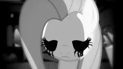 Size: 1191x670 | Tagged: semi-grimdark, alternate version, derpibooru import, edit, edited screencap, editor:undeadponysoldier, screencap, fluttershy, pegasus, pony, putting your hoof down, black and white, black blood, blood, creepy, crying, empty eyes, female, fluttershy's cottage, grayscale, mare, monochrome, ominous, solo, tears of blood