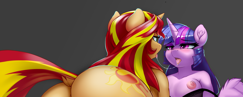 Size: 1000x400 | Tagged: questionable, artist:iloota, derpibooru import, sunset shimmer, twilight sparkle, twilight sparkle (alicorn), alicorn, anthro, ass, black underwear, blushing, bra, breasts, butt, clothes, cropped, dock, drool, drool string, explicit source, female, image, kissing, lesbian, looking at each other, nipples, nudity, open mouth, png, shipping, simple background, sunsetsparkle, underwear, undressing