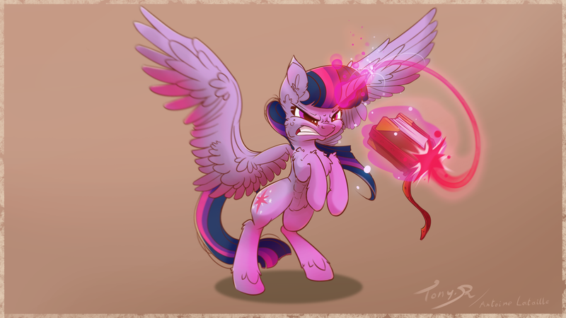 Size: 3840x2160 | Tagged: safe, artist:tony-retro, derpibooru import, twilight sparkle, twilight sparkle (alicorn), alicorn, pony, angry, book, glowing horn, gritted teeth, horn, magic, rearing, signature, simple background, solo, spread wings, telekinesis, wings