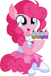 Size: 5480x8124 | Tagged: safe, artist:cyanlightning, derpibooru import, pinkie pie, earth pony, pony, unicorn, .svg available, absurd resolution, chest fluff, clothes, cupcake, cute, diapinkes, dress, ear fluff, eating, equestria girls outfit, female, food, mare, open mouth, pantyhose, simple background, sitting, skirt, solo, transparent background, vector