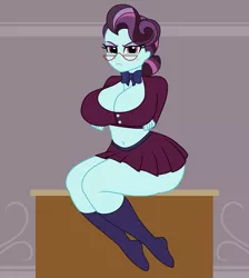 Size: 1700x1900 | Tagged: suggestive, artist:mashoart, derpibooru import, principal abacus cinch, equestria girls, friendship games, belly button, big breasts, breasts, busty principal abacus cinch, cleavage, clothes, crystal prep academy uniform, female, glasses, looking at you, midriff, mole, school uniform, sexy, solo, solo female, stupid sexy cinch, thighs, younger, younger cinch