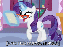 Size: 449x335 | Tagged: safe, derpibooru import, edit, edited screencap, screencap, rarity, pony, unicorn, canterlot boutique, animated, caption, cute, descriptive noise, excited, female, gif, gif with captions, glasses, glasses rarity, glowing horn, happy, hnnng, horn, horse noises, horses doing horse things, levitation, magic, mare, paper, prancing, rarara, raribetes, rarity's glasses, silly, silly pony, smiling, solo, telekinesis, trotting, trotting in place, wahaha
