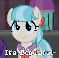 Size: 436x426 | Tagged: safe, derpibooru import, edit, edited screencap, screencap, coco pommel, rarity, earth pony, pony, made in manehattan, animated, artist unknown (spongebob episode), caption, cocobetes, cute, daaaaaaaaaaaw, eye shimmer, eyes closed, female, gif, gif with captions, happy, hnnng, it's beautiful, mare, offscreen character, open mouth, reaction image, solo, spongebob squarepants, squee, weapons-grade cute