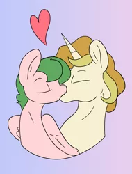 Size: 1600x2100 | Tagged: safe, artist:marcibel, artist:smirk, derpibooru import, oc, oc:divo soprano, oc:libby belle, unofficial characters only, pegasus, pony, unicorn, bust, eyes closed, female, gradient mane, heart, kissing, libdivo, male, mare, oc x oc, shipping, stallion, straight