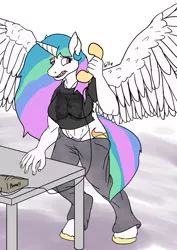 Size: 2480x3507 | Tagged: abs, anthro, artist:mcsplosion, baggy sweatpants, breasts, busty princess celestia, clothes, colored hooves, derpibooru import, description is relevant, human to anthro, implied transformation, implied transgender transformation, loose fitting clothes, male to female, part of a set, phone, phone call, post-transformation, princess celestia, pubic hair, rotary phone, rule 63, shirt, suggestive, torn clothes, transformation, t-shirt, unguligrade anthro, wide hips