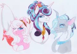 Size: 3707x2615 | Tagged: safe, artist:frozensoulpony, derpibooru import, princess flurry heart, oc, oc:gossamer, oc:rosequartz lustre, changepony, hybrid, pony, bust, interspecies offspring, offspring, older, parent:princess cadance, parent:queen chrysalis, parent:shining armor, parents:shining chrysalis, parents:shiningcadance, portrait, traditional art