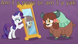 Size: 1920x1080 | Tagged: safe, derpibooru import, edit, edited screencap, screencap, rarity, yona, ponified, earth pony, pony, unicorn, yak, she's all yak, bow, caption, cloven hooves, duo, existential crisis, female, hair bow, image macro, man or muppet, mare, mirror, pony yona, purple background, raised hoof, simple background, species swap, text, the muppets