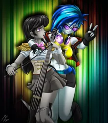 Size: 2085x2367 | Tagged: safe, artist:mauroz, derpibooru import, octavia melody, vinyl scratch, equestria girls, bow (instrument), breasts, busty vinyl scratch, cello, clothes, curtain, electric cello, female, fingerless gloves, gloves, headphones, lesbian, miniskirt, musical instrument, peace sign, pleated skirt, scratchtavia, shipping, shoes, skirt, socks, spotlight, sunglasses, thigh highs