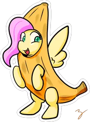 Size: 892x1210 | Tagged: safe, artist:zutcha, derpibooru import, fluttershy, pony, banana, banana suit, bananashy, bipedal, clothes, costume, cute, food, food costume, shyabetes, signature, simple background, solo, transparent background