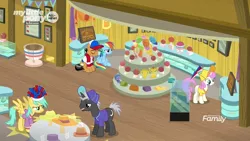 Size: 1280x720 | Tagged: safe, derpibooru import, screencap, dark moon, graphite, quibble pants, rainbow dash, sunshower raindrops, twinkleshine, earth pony, pegasus, pony, unicorn, common ground, ball, baseball cap, basket, buckball museum, buckbasket, bushel basket, cap, clothes, duo, female, hat, male, mare, museum, scarf, shirt, stallion, trophy