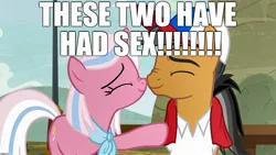 Size: 1920x1080 | Tagged: suggestive, derpibooru import, edit, edited screencap, screencap, clear sky, quibble pants, earth pony, pony, unicorn, common ground, boop, caption, female, image, image macro, implied sex, male, noseboop, nuzzling, quibblesky, shipping, straight, text