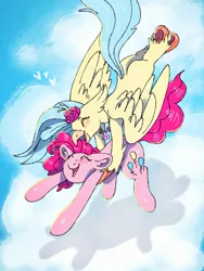 Size: 1536x2048 | Tagged: safe, artist:incendiaryboobs, derpibooru import, pinkie pie, princess skystar, pony, my little pony: the movie, cloud, female, holding a pony, lesbian, shipping, skypie, underhoof