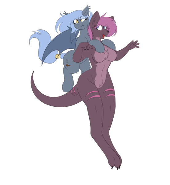 Size: 3200x3476 | Tagged: safe, artist:codras, derpibooru import, oc, oc:panne, oc:roux, anthro, bat pony, kangaroo, barbie doll anatomy, breasts, chest fluff, cleavage fluff, featureless breasts, featureless crotch, female, furry, furry oc, hopping, jumping, pubic fluff, simple background, transparent background, wavy mouth