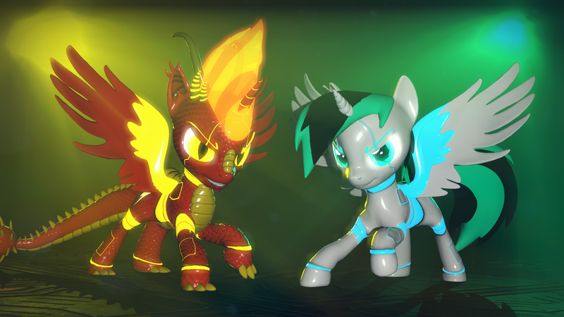 Size: 3840x2160 | Tagged: safe, artist:phoenixtm, derpibooru import, oc, oc:archie cloud, oc:delta firedash, alicorn, dracony, dragon, hybrid, pony, robot, robot pony, 3d, alicorn oc, epic pose, grin, horn, looking at you, shiny, smiling, source filmmaker, spread wings, wings