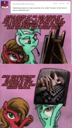 Size: 912x1602 | Tagged: safe, artist:hewison, derpibooru import, lyra heartstrings, rainbow dash, oc, oc:pun, pony, ask pun, ask, hand, implied fourth wall break, keyboard, painting