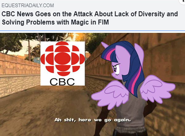 Size: 600x443 | Tagged: safe, derpibooru import, twilight sparkle, twilight sparkle (alicorn), alicorn, pony, equestria daily, ah shit here we go again, canada, cbc, cropped, diversity, drama, grand theft auto, gta san andreas, meme, politics, san andreas, social justice, social justice warrior