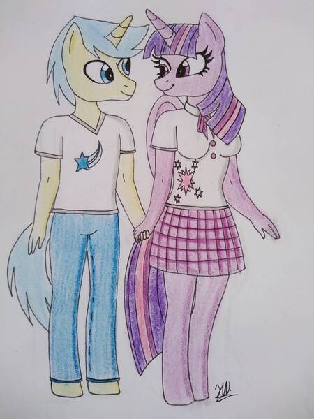 Size: 780x1040 | Tagged: alicorn, anthro, artist:hiroultimate, cometlight, comet tail, derpibooru import, female, holding hands, male, safe, shipping, straight, traditional art, twilight sparkle, twilight sparkle (alicorn)