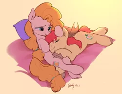 Size: 1124x863 | Tagged: safe, artist:luciferamon, derpibooru import, bright mac, pear butter, earth pony, pony, the perfect pear, brightabetes, brightbutter, cute, ear fluff, eyes closed, female, gradient background, male, mare, pearabetes, shipping, sleeping, smiling, stallion, straight