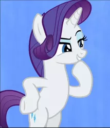 Size: 660x772 | Tagged: safe, derpibooru import, screencap, rarity, pony, unicorn, she's all yak, beautiful, bipedal, blue eyes, cropped, female, fit right in, grin, hair flip, hoof on hip, lidded eyes, light blue background, looking at someone, mare, narrowed eyes, raised eyebrow, raised hoof, simple background, singing, smiling, solo, standing up, thinking, underhoof