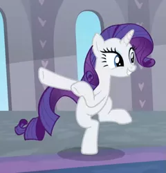 Size: 603x628 | Tagged: safe, derpibooru import, screencap, rarity, pony, unicorn, she's all yak, bipedal, cropped, dancing, excited, female, fit right in, mare, raised hoof, smiling, solo, underhoof
