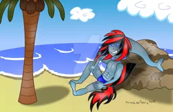 Size: 1024x662 | Tagged: abs, anthro, anthro oc, artist:sorasleafeon, beach, blue eyes, blue sky, blue swimsuit, clothes, cloud, coconut, coconut tree, crossover, derpibooru import, fins, food, looking at you, oc, ocean, oc:shadow sora, original character do not steal, palm tree, partial nudity, relaxed, relaxing, rock, safe, sitting, smiling, smirk, solo, speedo, sunny day, swimming trunks, swimsuit, the legend of zelda, topless, transformation, tree, unofficial characters only, warm, water, zora