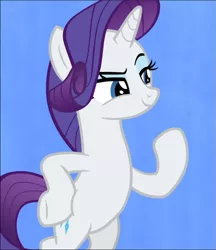 Size: 665x770 | Tagged: safe, derpibooru import, screencap, rarity, pony, unicorn, she's all yak, bipedal, blue background, confident, cropped, eyeshadow, female, fit right in, hair flip, hoof on hip, looking at someone, makeup, mare, narrowed eyes, raised eyebrow, raised hoof, simple background, smiling, smirk, solo