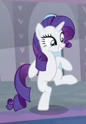 Size: 467x671 | Tagged: safe, derpibooru import, screencap, rarity, pony, unicorn, she's all yak, bipedal, cropped, cute, dancing, excited, female, fit right in, grin, looking at someone, mare, raised leg, raribetes, smiling, solo, standing, standing on one leg